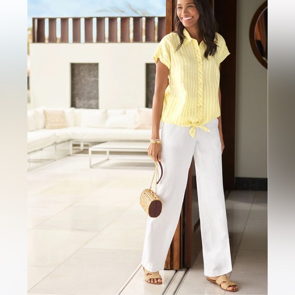 TALBOTS NANTUCKET WASHED LINEN WIDE LEG PANTS IN WHITE pockets summer vacation - Picture 2 of 9